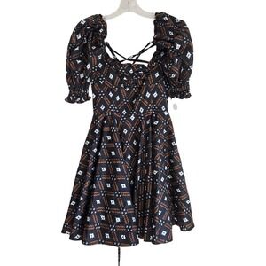 Autumn Adeigbo Size 0 Camille Printed Lace Up Mini‎ Party Puff Sleeve Dress